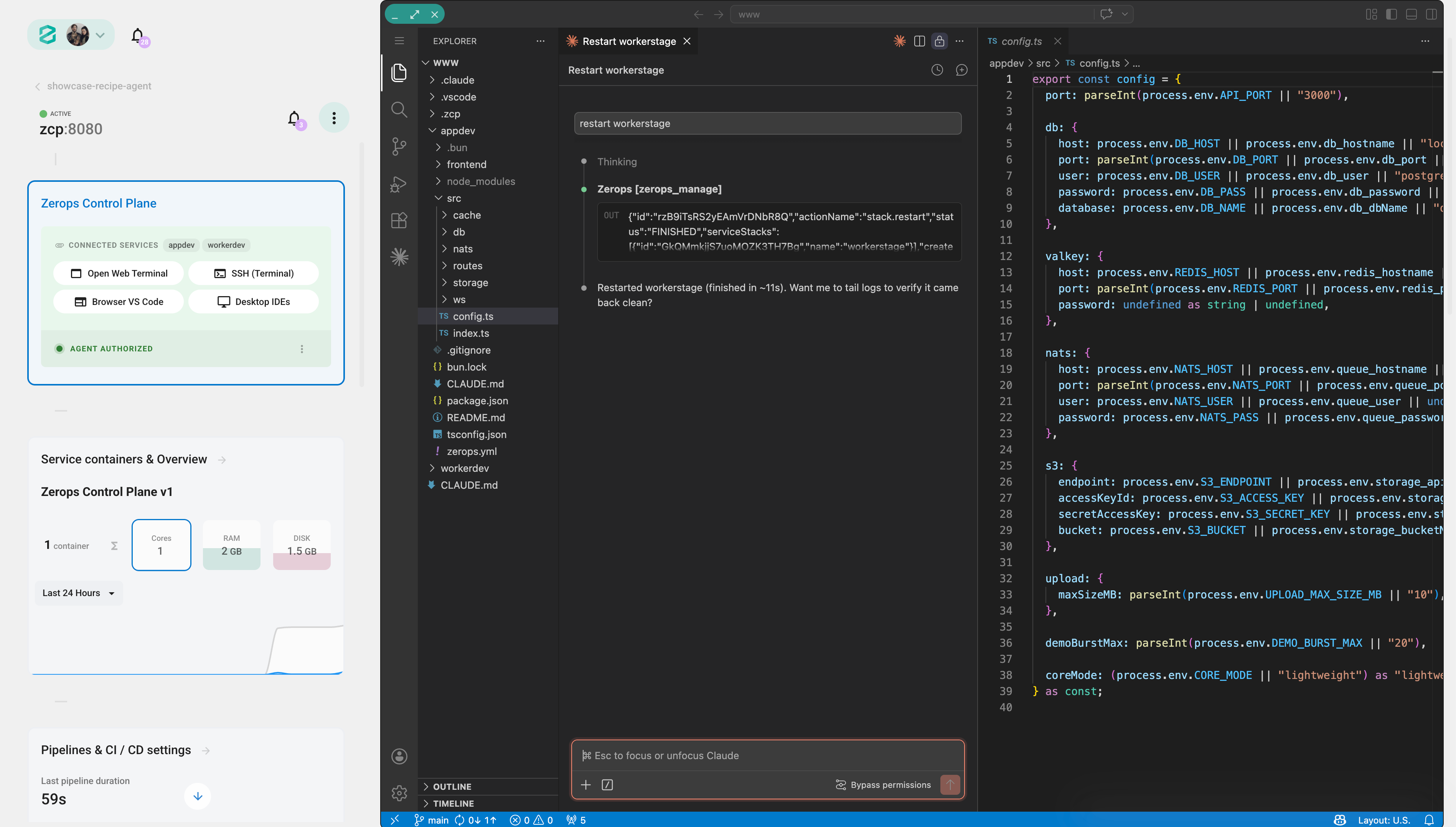 Zerops Cloud IDE inside the ZCP container — browser-based VS Code with the agent ready to take instructions.
