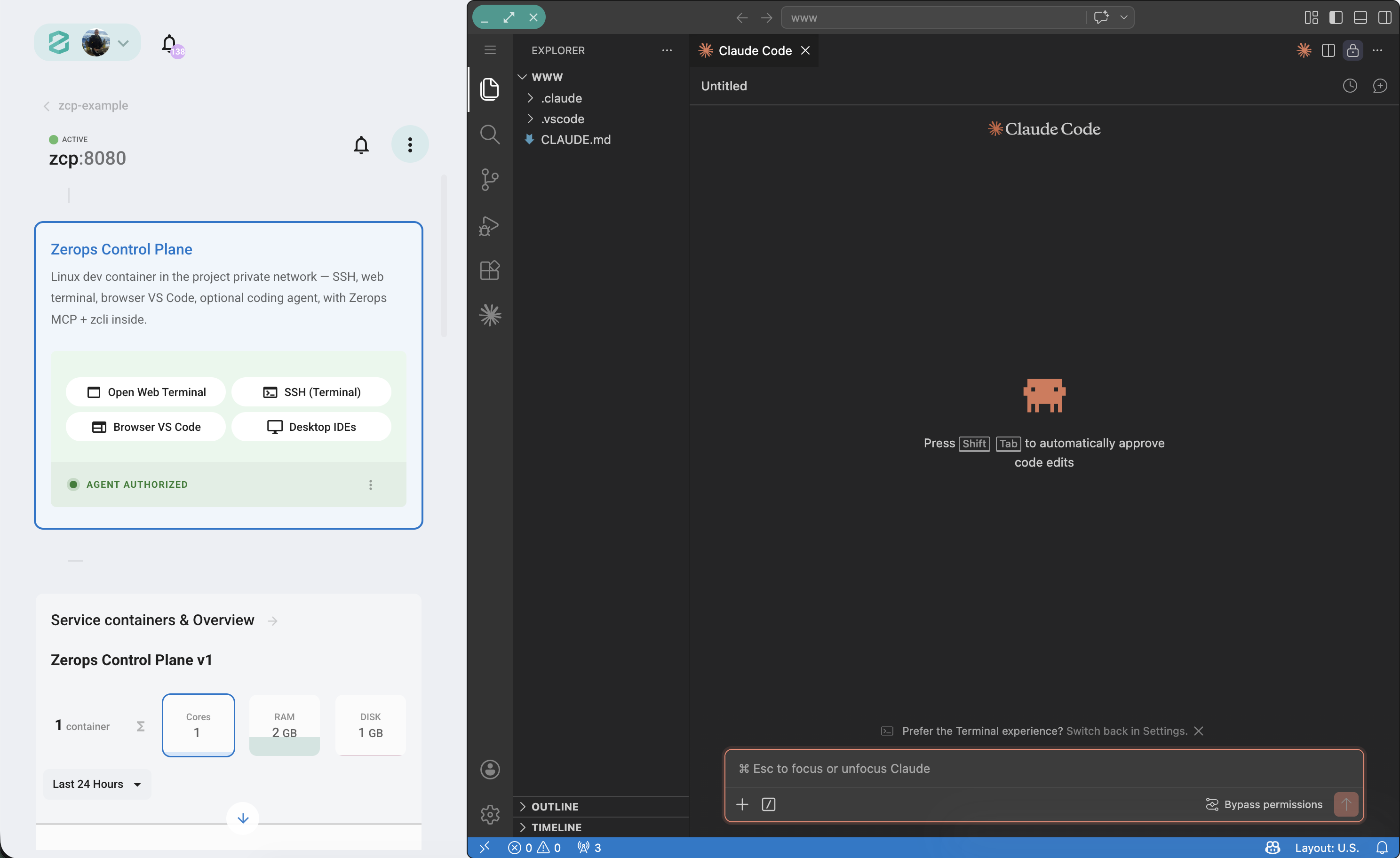 Zerops dashboard with the zcp service open beside the Cloud IDE running Claude Code