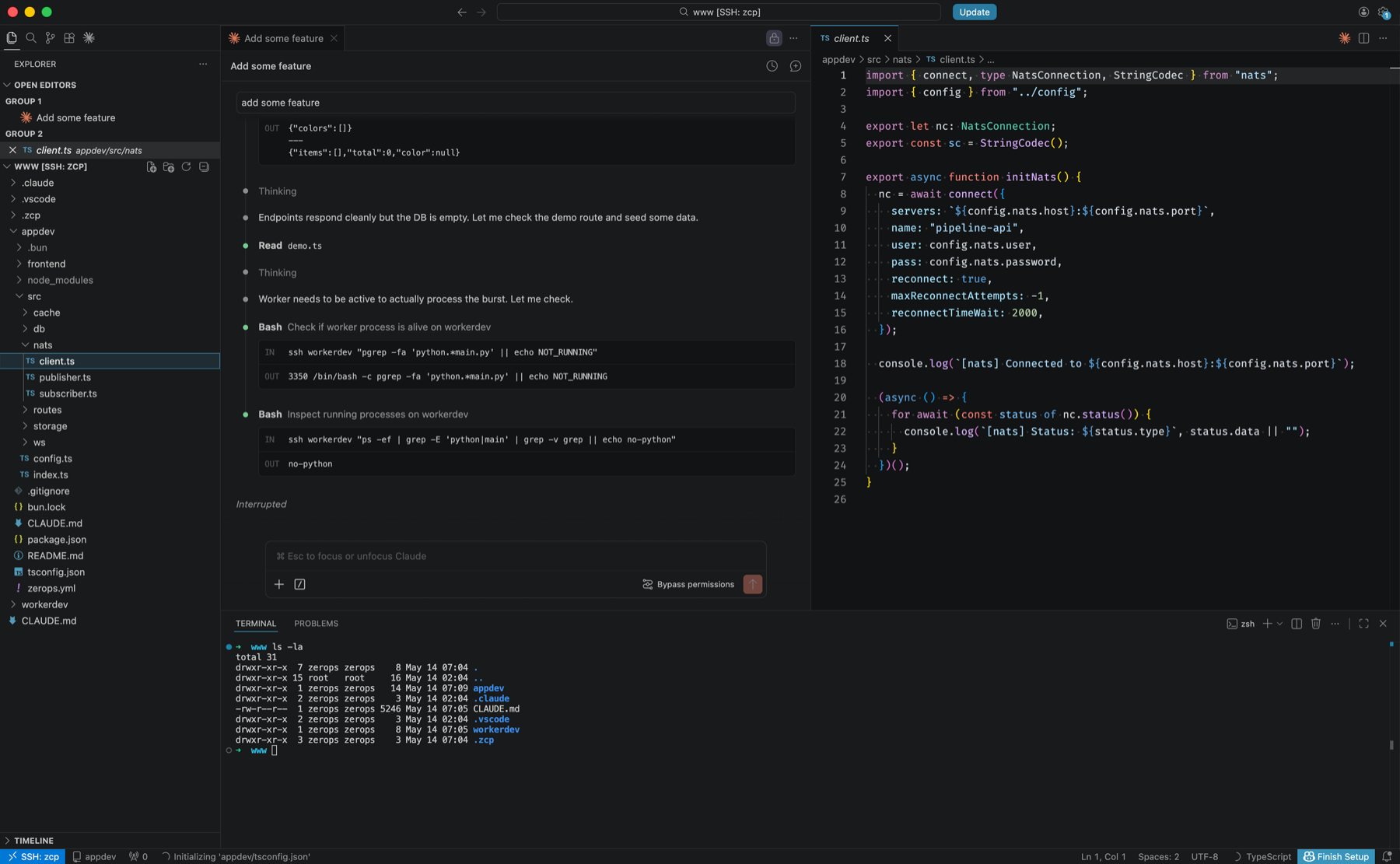 Native VS Code attached to a Zerops runtime container over SSH
